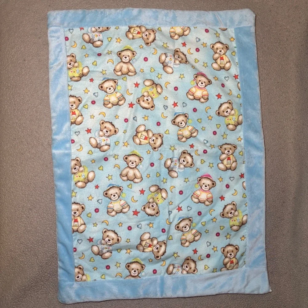 Handmade Blue Teddy Bear Minky Security Blanket Moon Stars Nursery Lovey 15x21